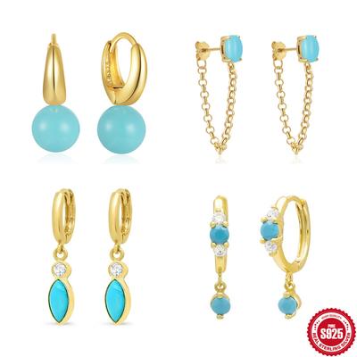 S925 Sterling Silver Luxury Turquoise Ear Buckle Earrings Vintage Douyin Explosive Turquoise Earrings