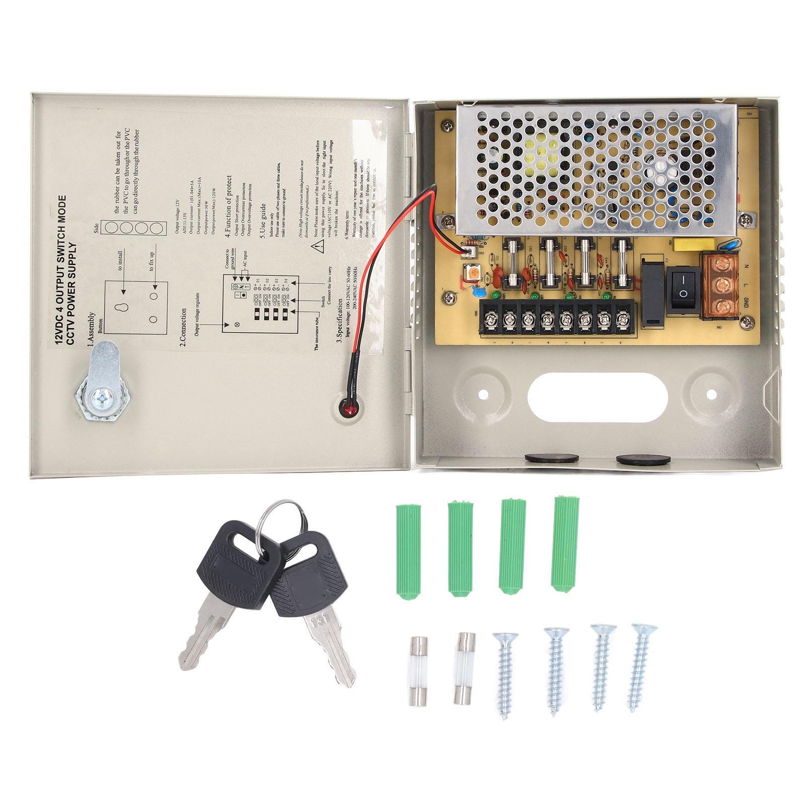 

4-канальний блок живлення для відеоспостереження 12 В, запобіжник 3 А, замкнутий блок живлення для телевізора з металевим замком