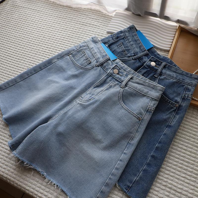 

2025 Summer Korean Style High Waist Raw Edge Wide Leg A-Line Shorts Large