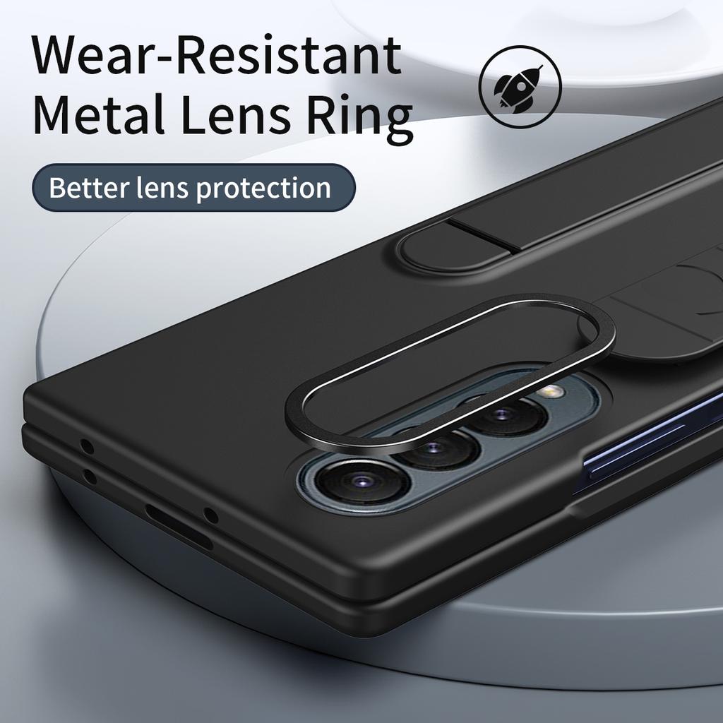 For Samsung Galaxy Z Fold3 5G Case with Tempered Glass Film Kickstand Wristband PC+Silicone Phone Cover