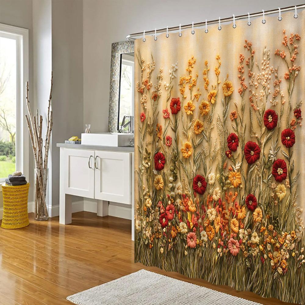 Charming Floral Print Waterproof Shower Curtain For Bathroom, Vibrant Wildflower Design High-End Toilet Partition Curtain