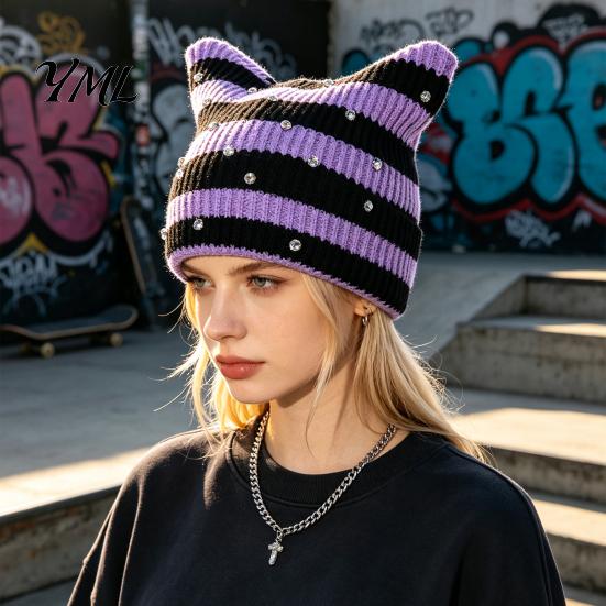 Cozy Headwear for Girls Cat Ear Hat Women Girls, Striped Slouchy Crochet Headgear Winter Skiing Walking with Shiny Rhinestones, Cute Warm Knitted Cap
