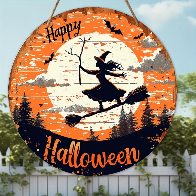 1Halloween Pumpkin Witch Round Plate Hanging Sign Restaurant Hanging Sign Wooden Party Home Window Wall Door Hanging Ghost House