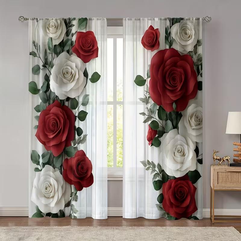 2PC Valentine's Red & White Rose Curtains 3D Floral Print Light Filtering Sheer Drapes Romantic Window Curtains for Bedroom