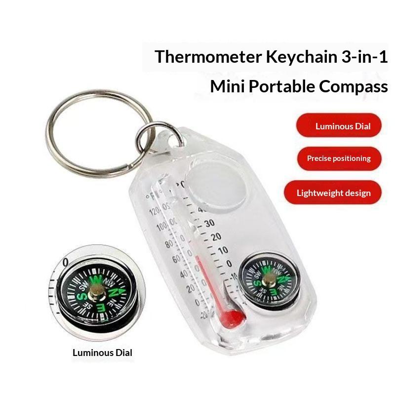 3 In 1 Mini Compass Keychain Portable Outdoor Thermometer Magnifying Glass Luminous Direction Finder For Outdoor Hiking Camping