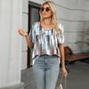 Women Boho Floral Leaf Geometric Print V Neck Tunic Top, Short Sleeve Front Pleated Flowy Hem Loose Fit Casual Daily Blouse