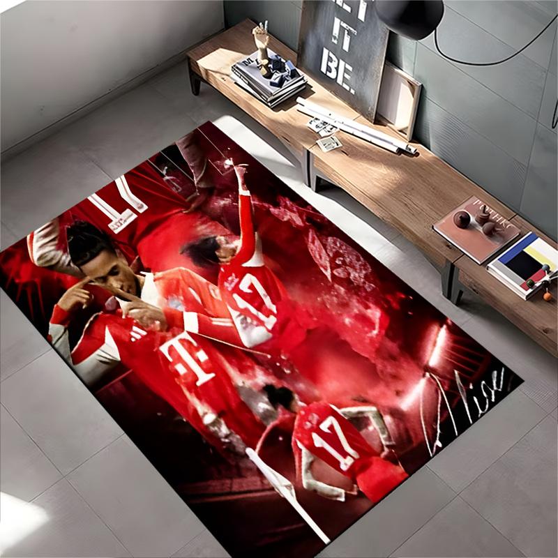 Soccer Star Area Rug, Michael Olise Bayern 17 Red Kit Corner Celebration Print, Football Fan Room Decor, Non-Slip Mat