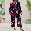 Women Plus Size Navy Blue Floral Printed Two Piece Set Round Neck Long Sleeve Layered Top Wide Leg Cropped Pants