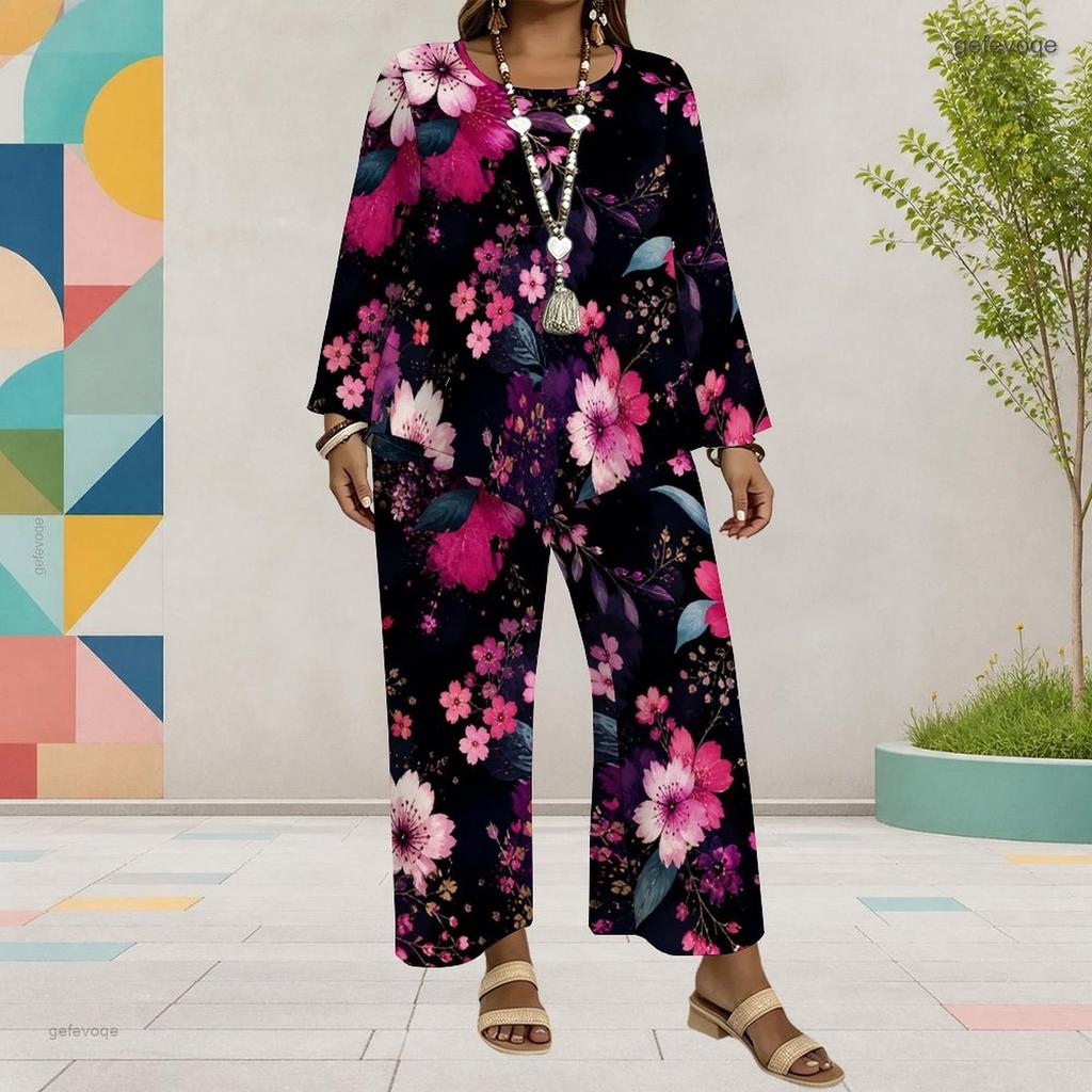 Women Plus Size Navy Blue Floral Printed Two Piece Set Round Neck Long Sleeve Layered Top Wide Leg Cropped Pants