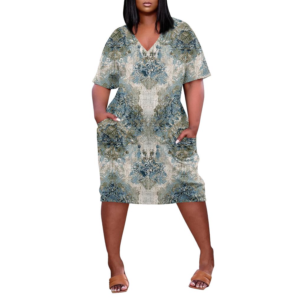 Letní nadměrné velikosti V výstřih krátký rukáv ke kolenům kapsa potisk ležérní šaty pro ženy