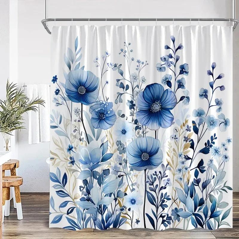 Blue Leaf Watercolor Plant Shower Curtain Modern Minimalist Home Bathroom Decorative Fabric Shower Curtain with Hook