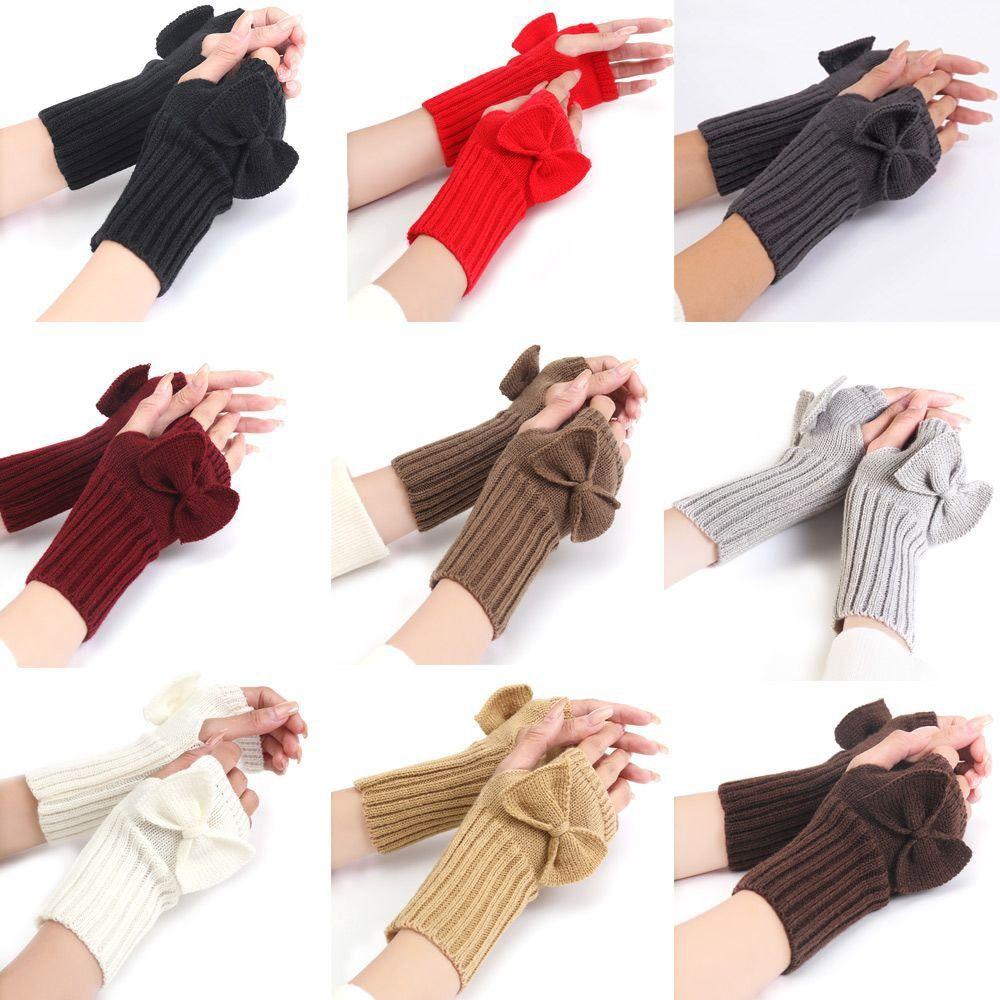 Fashion Accessory Thick Warm Bowknot Knitted Gloves Soft Elastic Fingerless Mittens Keep Warm Arm Warmers Youth Student