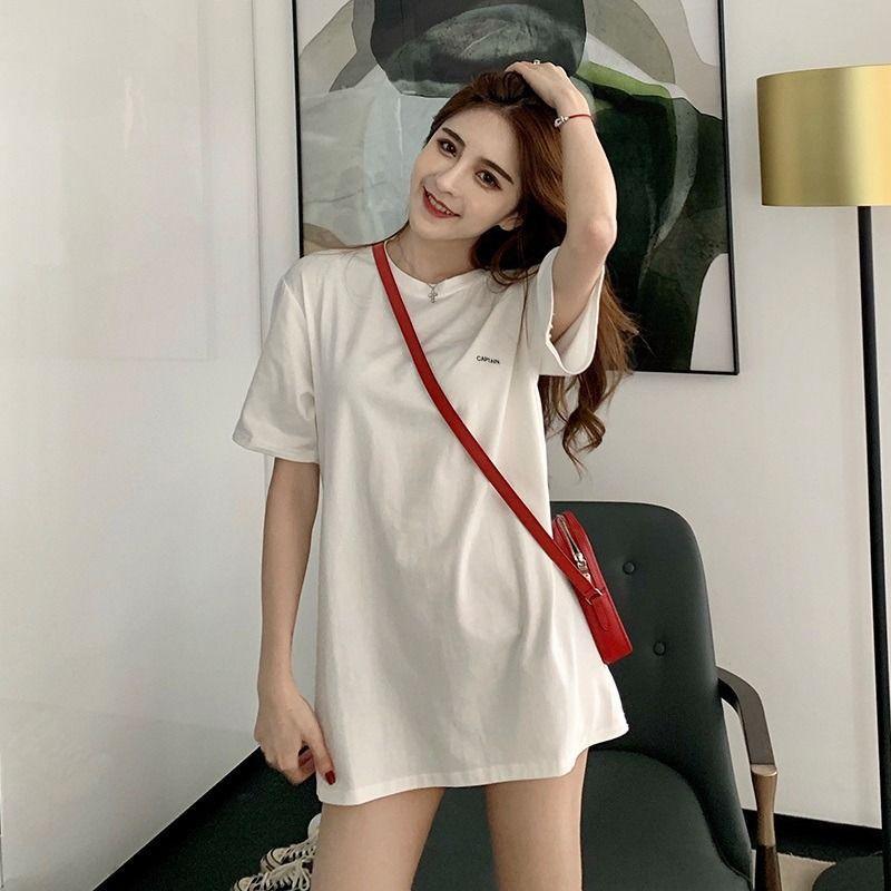 Korean Oversized Long T Shirt Dress Women Summer O Neck Short Sleeve Print Basic Milk Silk Casual Loose Tops 4 Colors