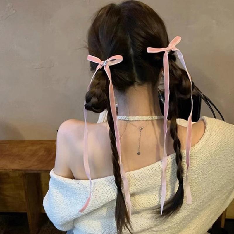 Vintage Long Ribbon Velvets Bowknot Hairband Side Clip Elegant Hairpins Fashion Hair Accessories Jewelry for Women Girls