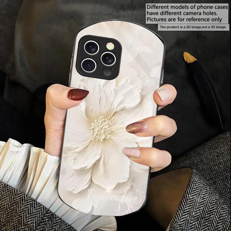 Plants in Oil Painting For iPhone 16 15 14 Pro 13 Plus 12 mini 11 13Pro Max XR X S 7 8 6 Elliptical Tempered Glass Phone Case