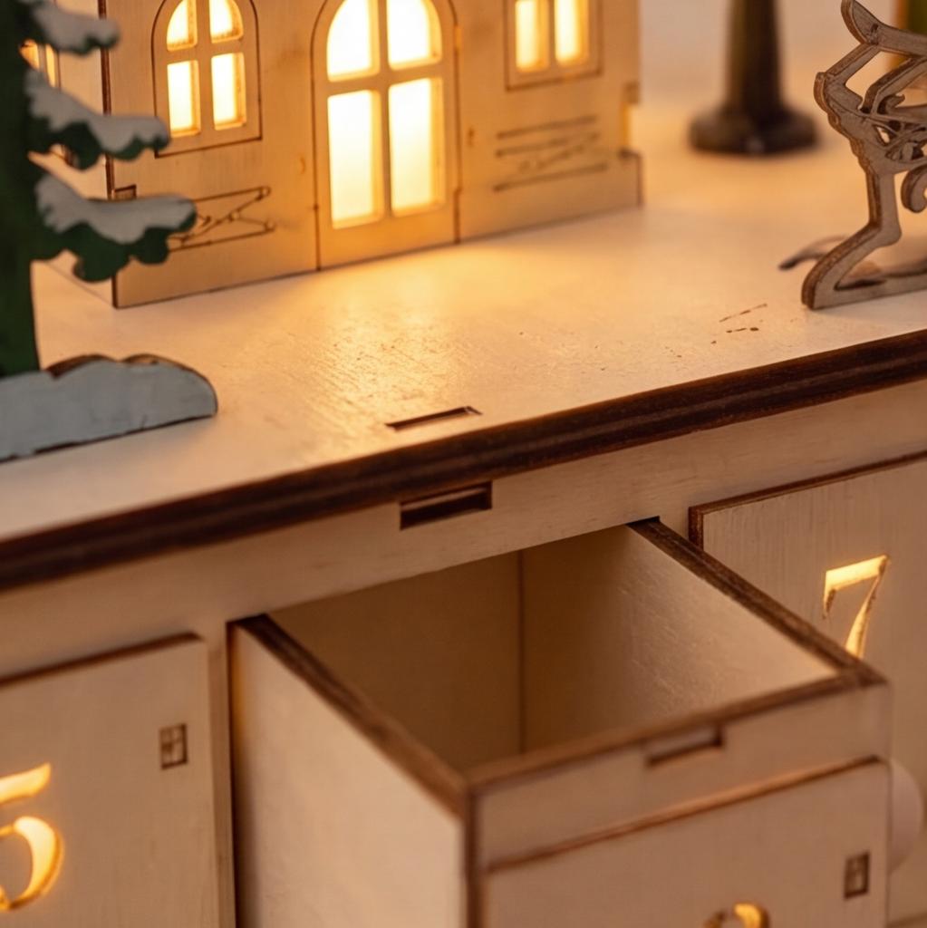 Light-Up Wooden Christmas Village Advent Calendar with 24 Fillable Drawers LED Tabletop Countdown Calendar Reusable Holiday Decor for Family Christma