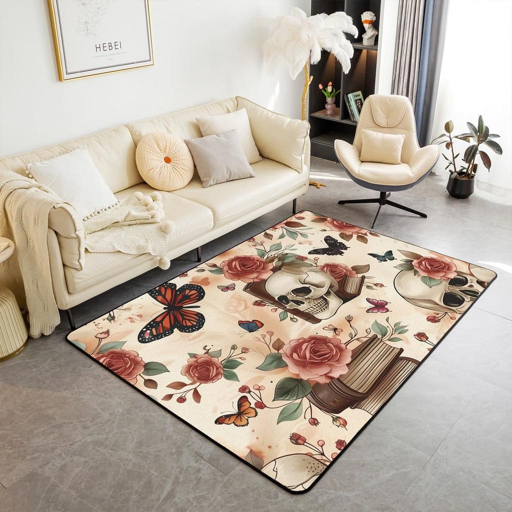 Erosebridal Moth Skull Moon Area Rug 4'11" X 3'3" Bohemian Stars Exotic Living Room Rugs Starry Sky Mysterious Decorative Carpet Black and W