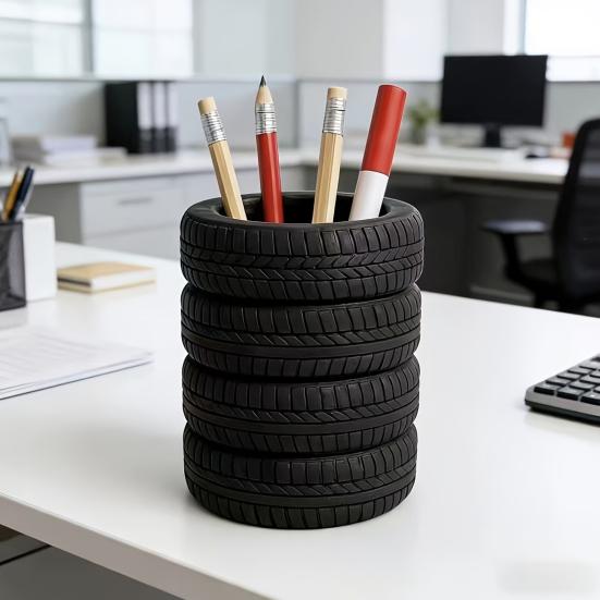 Portabolígrafos de Neumático Creativo Forma de Neumático Gran Capacidad Organizador de Escritorio para Bolígrafos Tijeras Clips de Papel Base Estable Antideslizante Decoración de Oficina