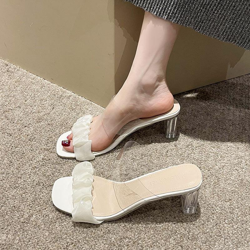 Transparent One-word Sandals Female Summer 2025 New Fairy Wind Crystal Thick Heel Open Toe Wear High-heeled Cool Slippers