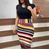 women's Color Block Floral Print Short Sleeve Bodycon Dress Round Neck Pencil Dress