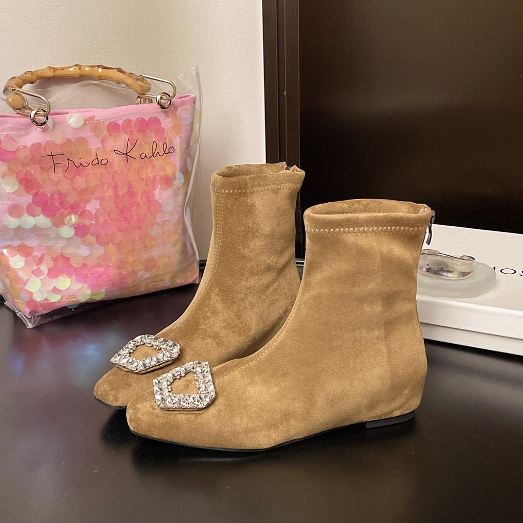 Foreign Style Inner Height Increase Rhinestone Suede Square Head Small Short Boots 2025 Autumn and Winter New Thin Fashion Celebrity Style Thin Boots