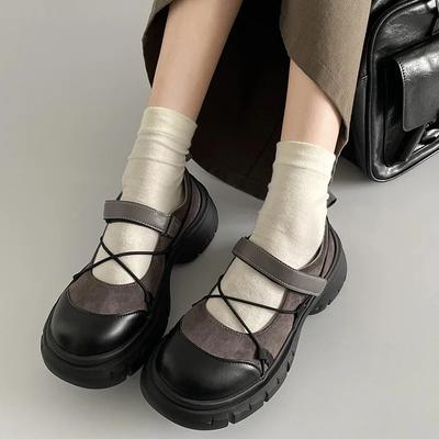 Damen-Loafer, Schwarz, runder Kopf, Retro-Erhöhung, dicke Unterseite, Mary-Jane-Schuhe, Absätze, Damen-Pumps mit flachem Mund, Einzelschuhe