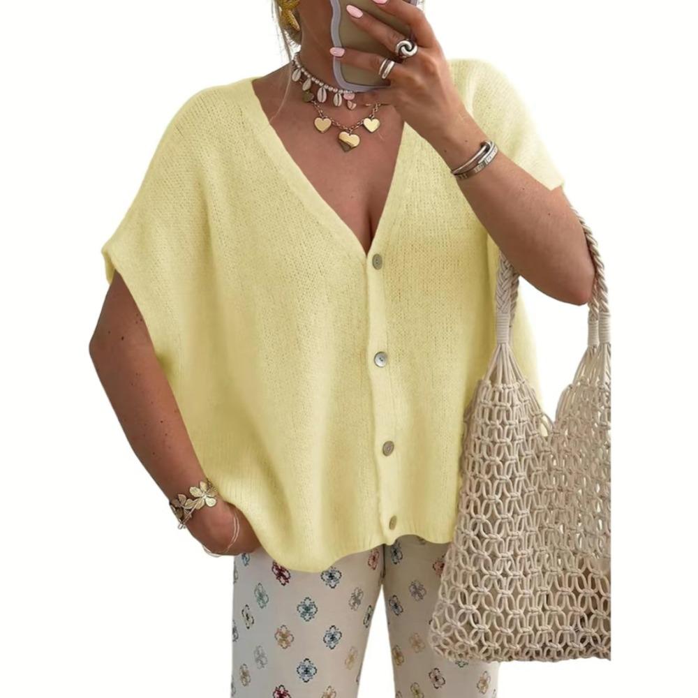 Women New Loose V Neck Short Sleeve Knit Cardigan, Fashion Casual Sweater