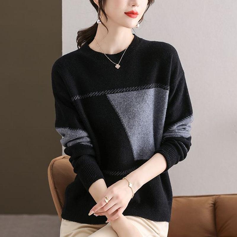 New Autumn Winter Fashion Round Neck Contrast Color Cashmere Sweater Loose and Versatile Large Foreign Long Sleeve Sweater