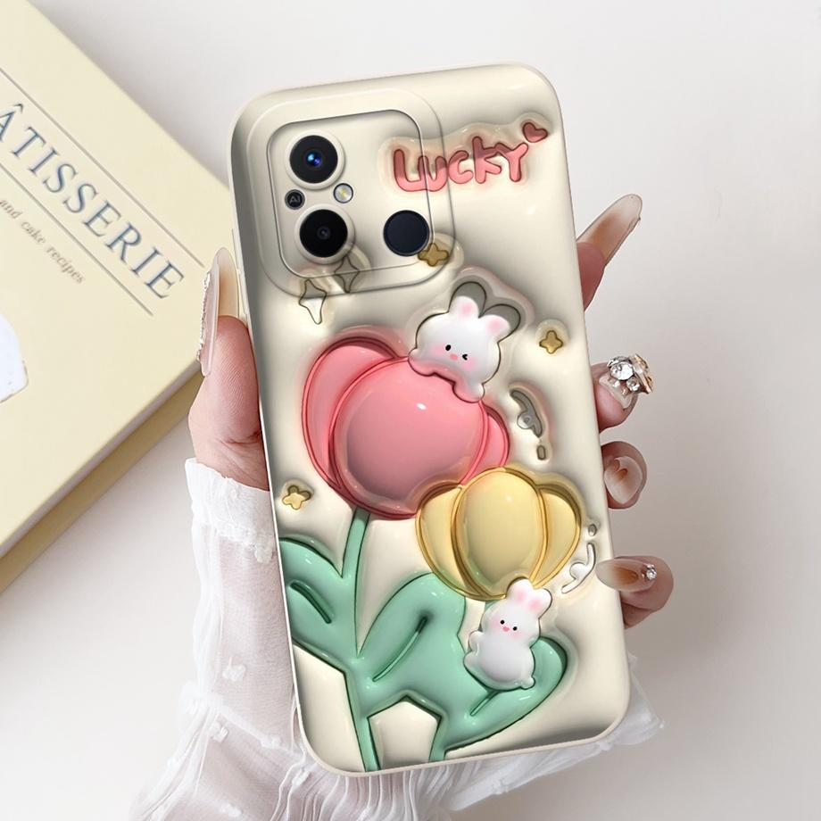For Xiaomi Redmi 12C 11A 4G Phone Case Redmi 12 4G Poco C55 Back Cover Soft Liquid Silicone Pnada Rabbit Flower Cute Fundas