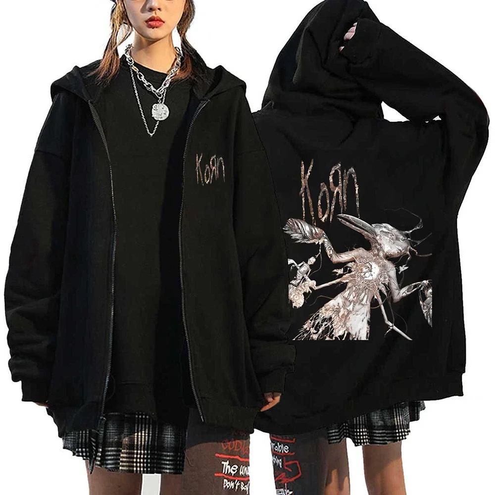 Korn Rock Hoodies WORLD TOUR Zipper Sweatshirts Korn Rock Metal Zip Up Jackets Fleece Oversized Jackets Coats Hip Hop Streetwear