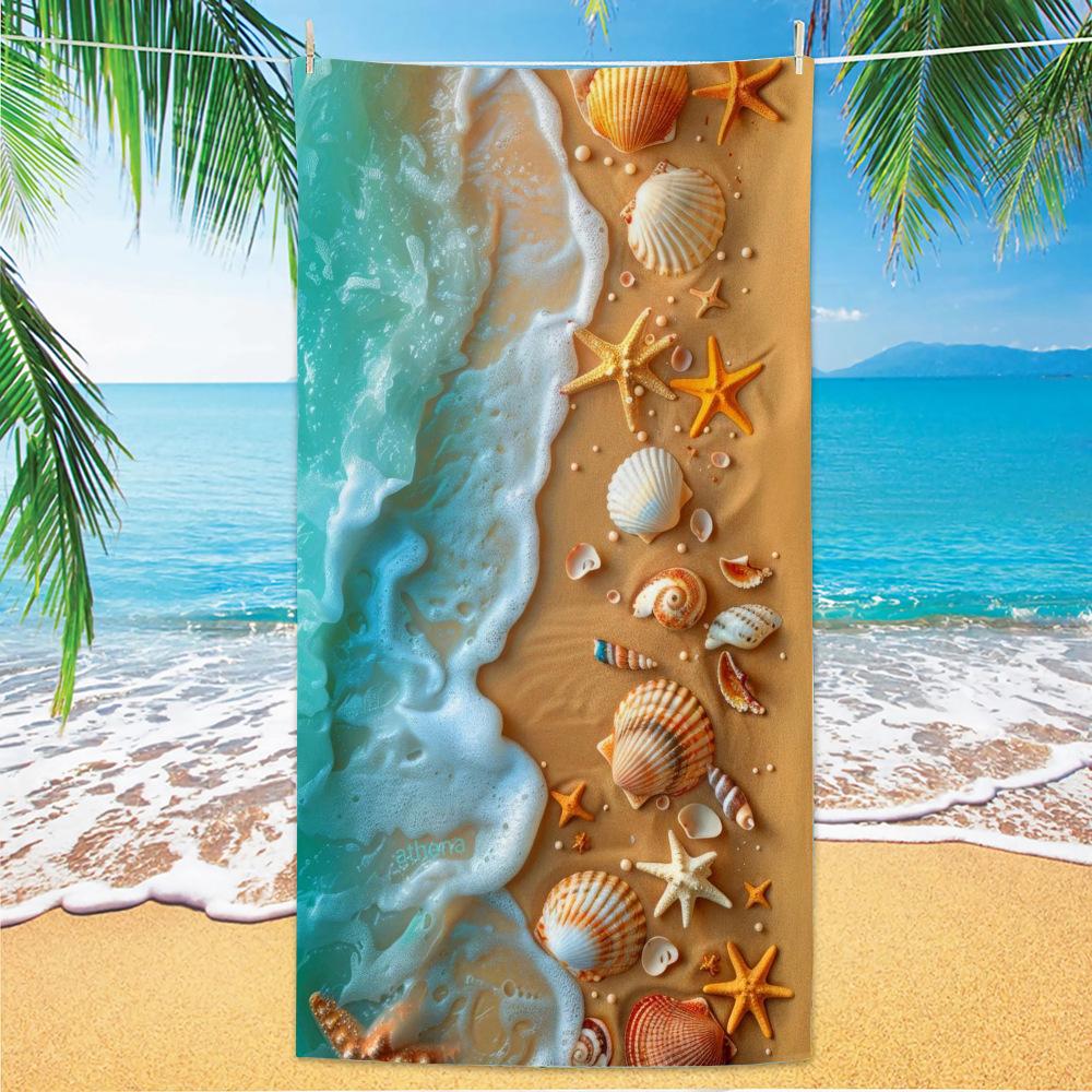 Watercolor Starfish & Seashell Beach Towel, Mint Green Ocean Print Quick-Dry Towel