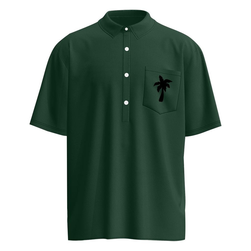 Men's Summer Solid Color Print Four-sided Stretch Lapel Button Pocket Shirt Casual Sports Short-sleeved Top