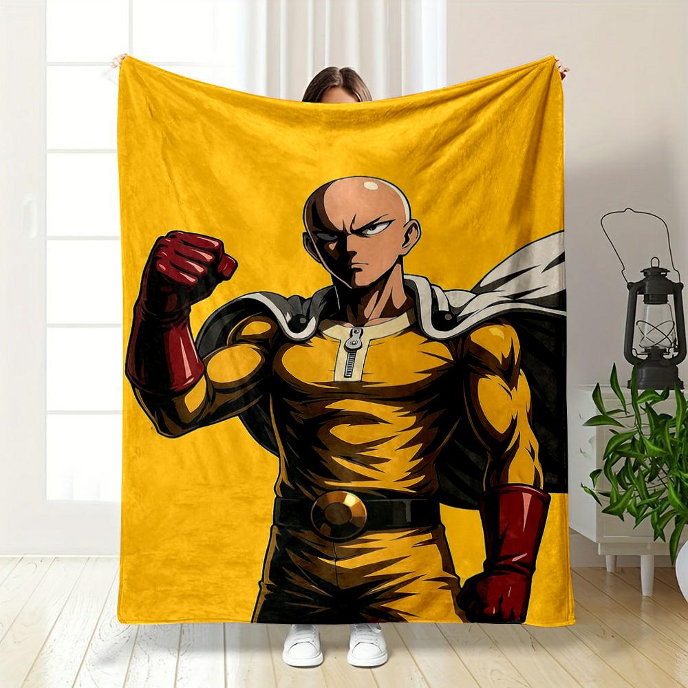 Bald Hero in Yellow Suit Posing Artwork Blanket Flannel blanket for bedroom, living room, sofa, and nap sofas.