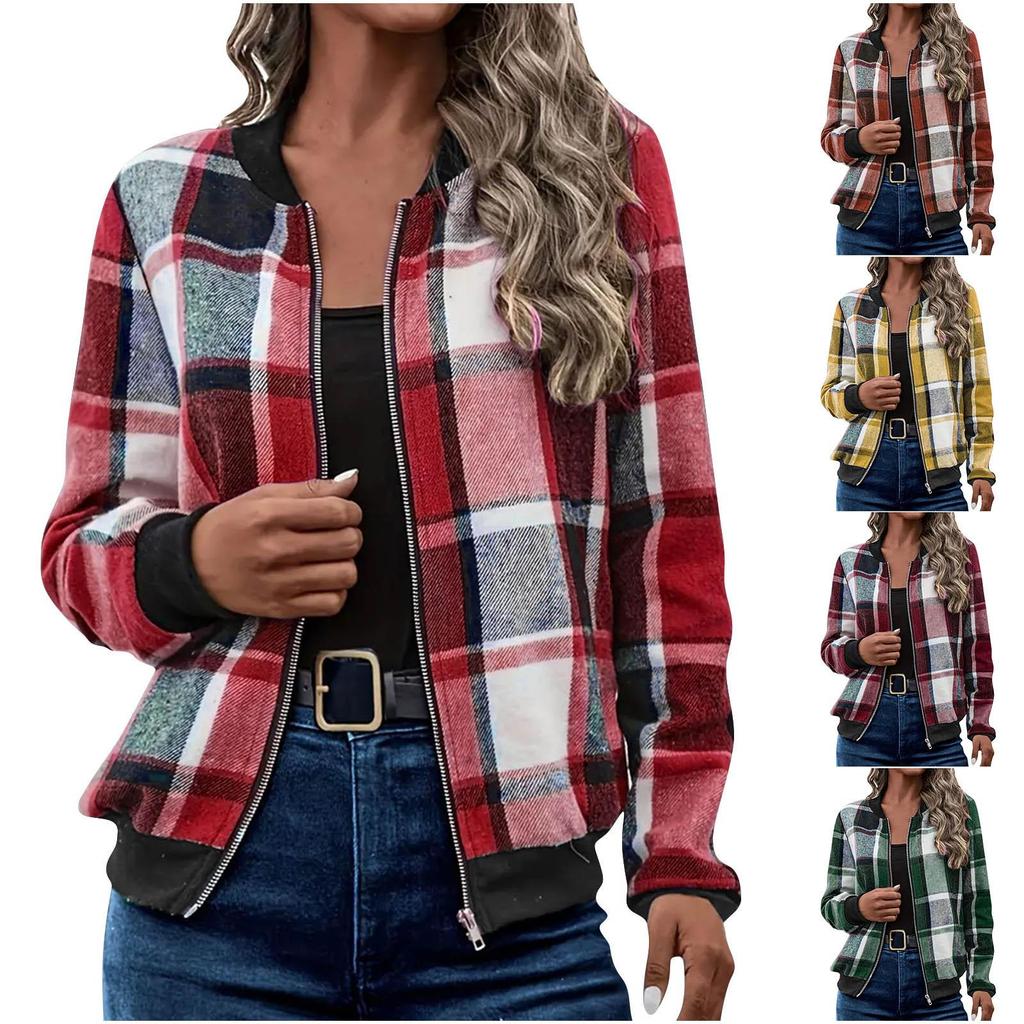 New Autumn Winter Women's Plaid Print Jacket, Long Sleeve Zipped Casual Coat, Loose Fit Outwear for Daily Streetwear
