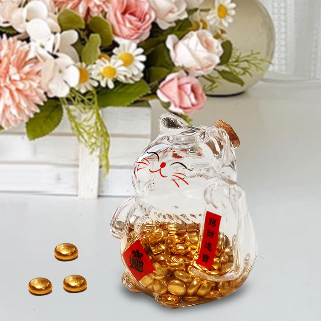 Clear Glass Piggy Bank Collectible Sculpture for Office Tabletop Living Room Decorative Cat Shaped Jar Accent Display Office