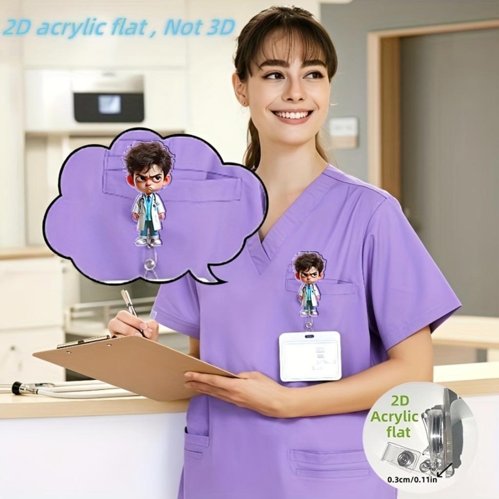 2D Flat Acrylic Unhappy Doctor Retractable Badge Reel, Multifunctional Work ID Holder, Lovely Gift For Teacher Nurse Doctor Student And Office Staff