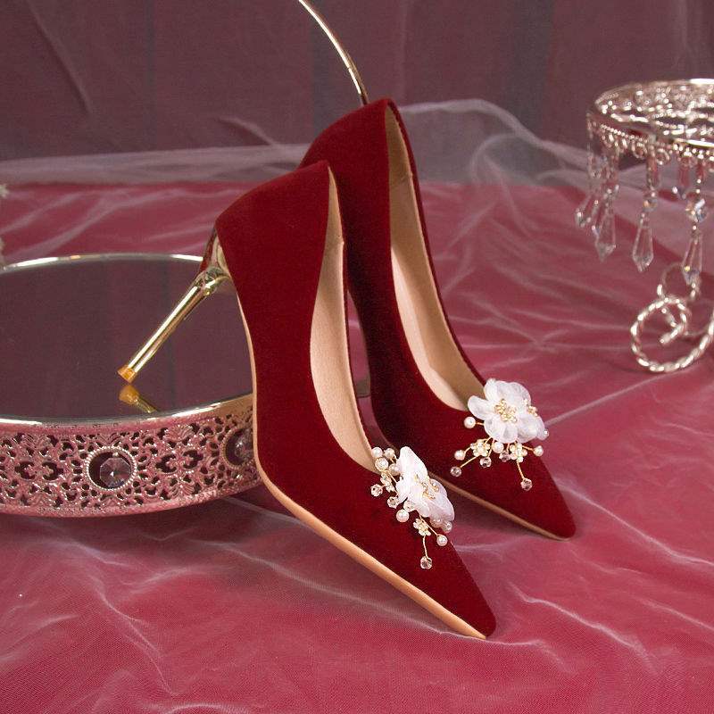 2025 new red wedding shoes women's show clothes two wear stiletto bride shoes pregnant women toast Chinese dress shoes