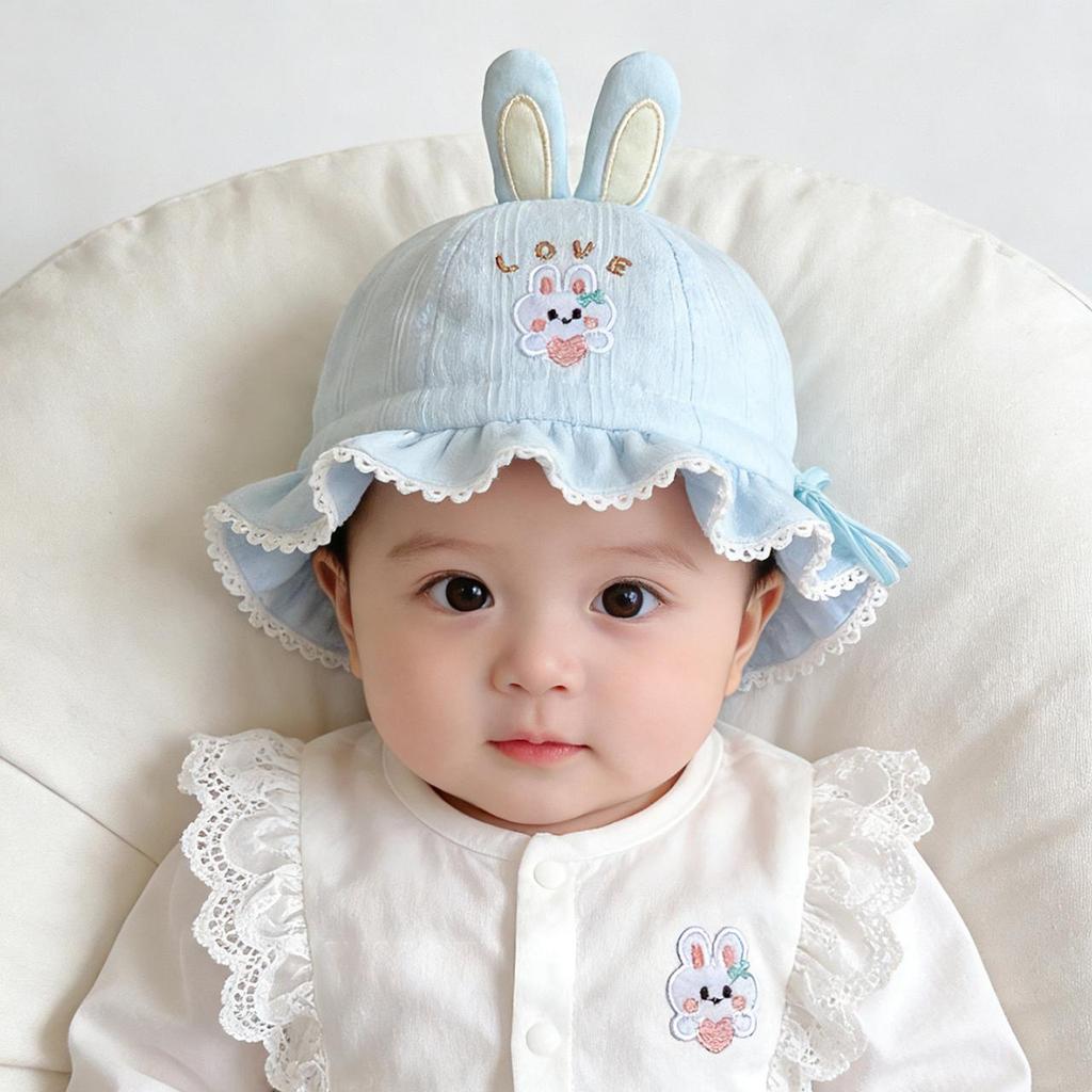 Cute Rabbit Baby Girl Bucket Hat Lace Ruffle Fisherman Cap for Toddler Kids Adjustable Drawstring Basin Caps