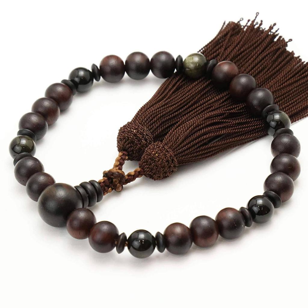 Men's Kyoto Buddhist Prayer Beads, Matte Rosewood, 10mm Beads, Gold Obsidian Stone, and Silk Tassel. Suitable for all sects. Perfect for informal