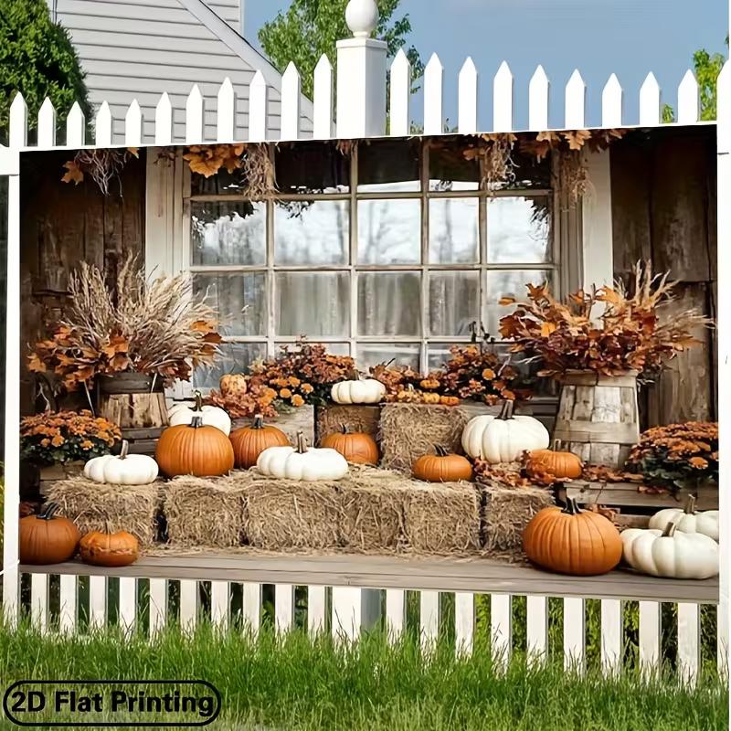 Rustic Fall Pumpkin Tapestry Farmhouse Porch Scene Wall Hanging for Party & Photography