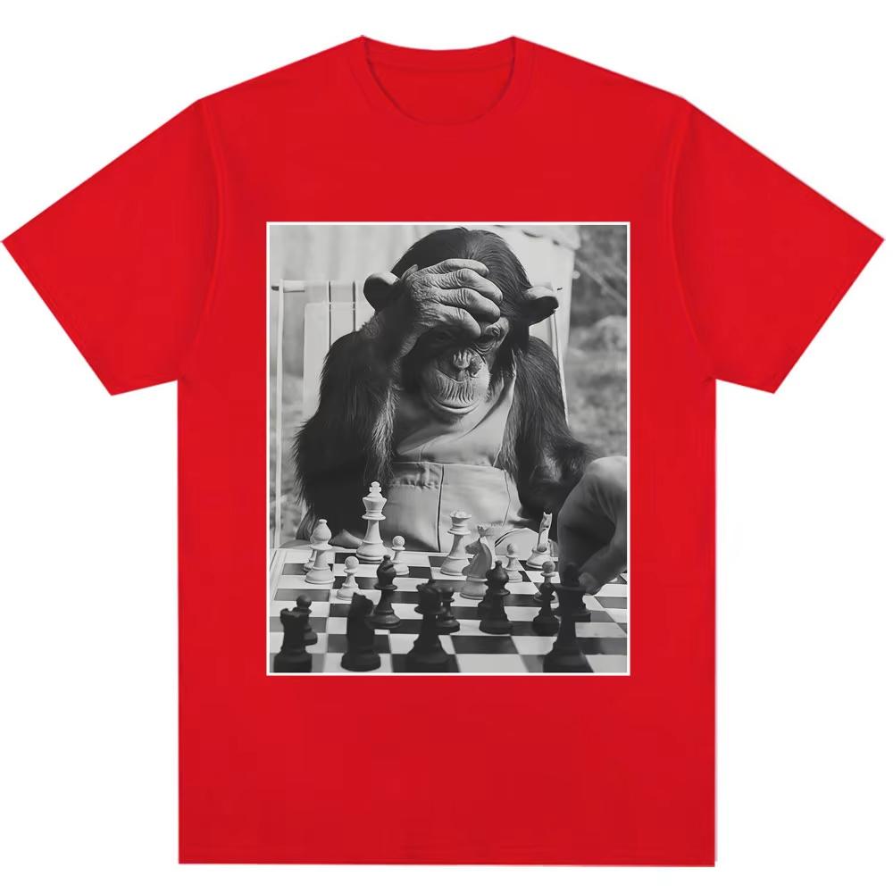 Funny Chimp Playing Chess Meme Graphic Tshirts Unisex Women Vintage Humor Tshirts Oversized Cozy Cotton Casual T Shirt Streetwear
