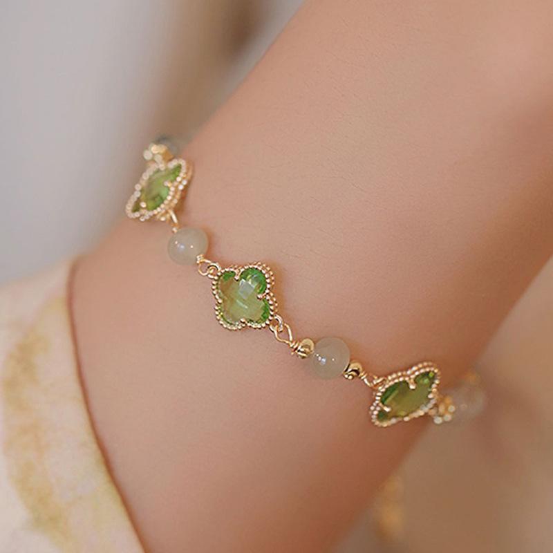 Women s Natural Hotan Jade Four-Leaf Clover Lucky Bracelet Bamboo-Knot Light Luxury Hand Jewelry Holiday Gifts