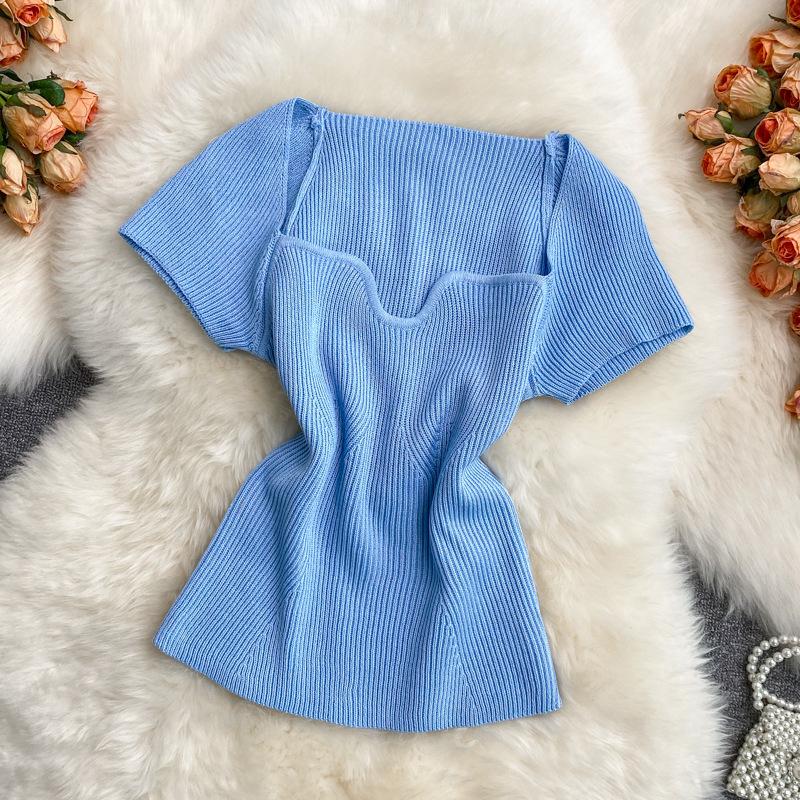 Women Summer Color Solid T Shirt Short Sleeve Square Collar Straight Tee Shirt Wear Top