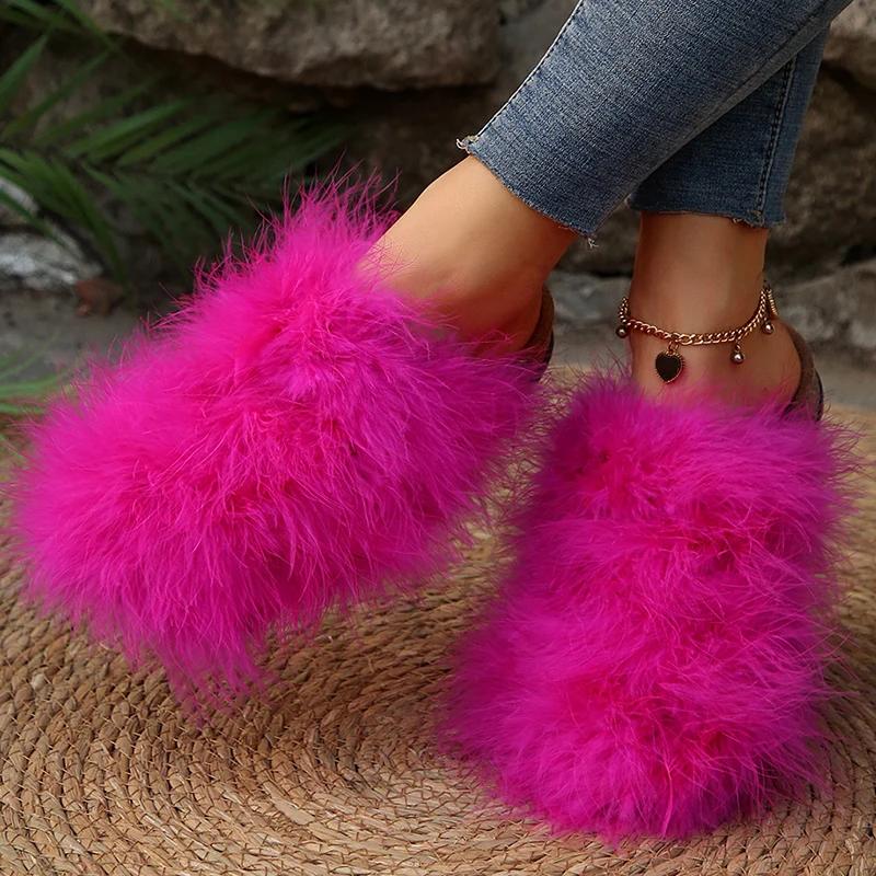 Fashion Korean Faux Fur Cotton Slippers for Women Slip On Round Toe Fur Slippers Woman Winter Non Slip Solid Color Plush Slides Female