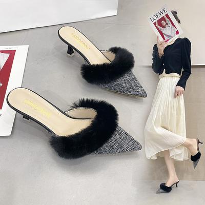 Foreign Trade Fairy Wind Fluff High Heels Female Slippers Wear Small Size Pointed Head Thin Middle Heel Bag Head Velvet Half Slippers Female