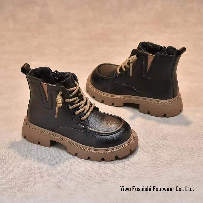 Children's Soft Leather Martin Boots - Fleece-Lined for Boys and Girls, Autumn/Winter Style