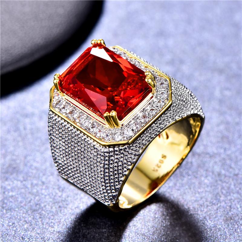 Gorgeous Big Male Female Red Zircon Stone Ring Large Yellow Gold Color Engagement Wedding Jewelry For Women