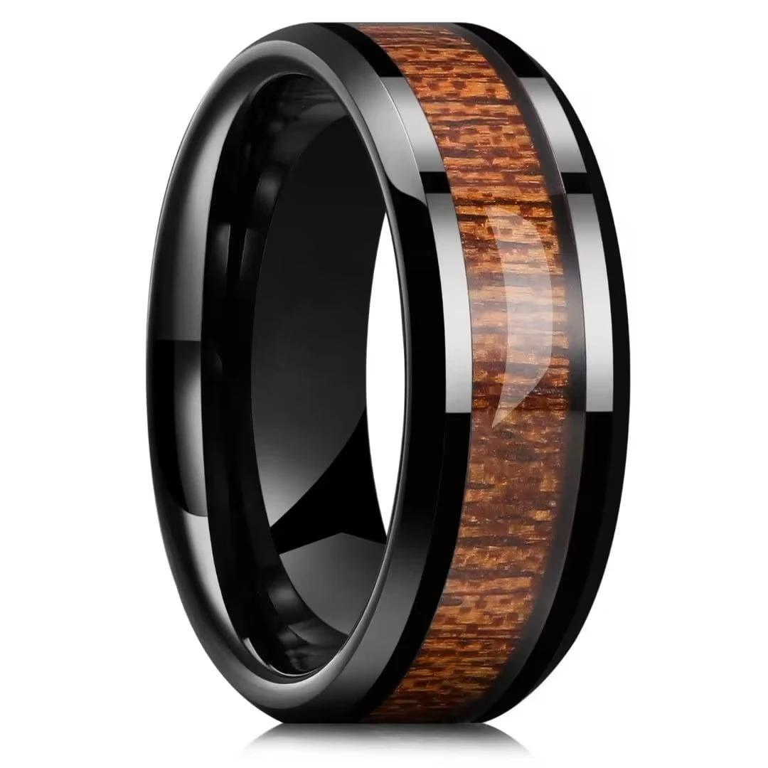

8mm Men Black Titanium Wedding Rings Koa Wood Inlay Stainless Steel Rings for Men Wedding Band Anniversary Birthday Gift 13 чорний
