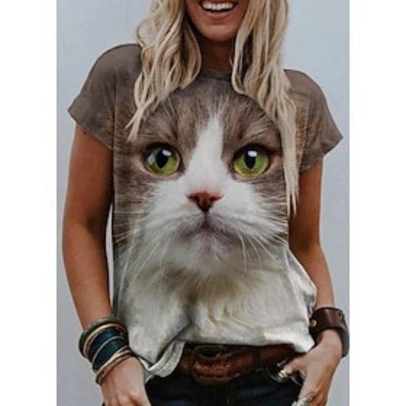 Women's 3D Cat and Dog Print Round Neck Casual Women's T-shirt Women's T-shirt