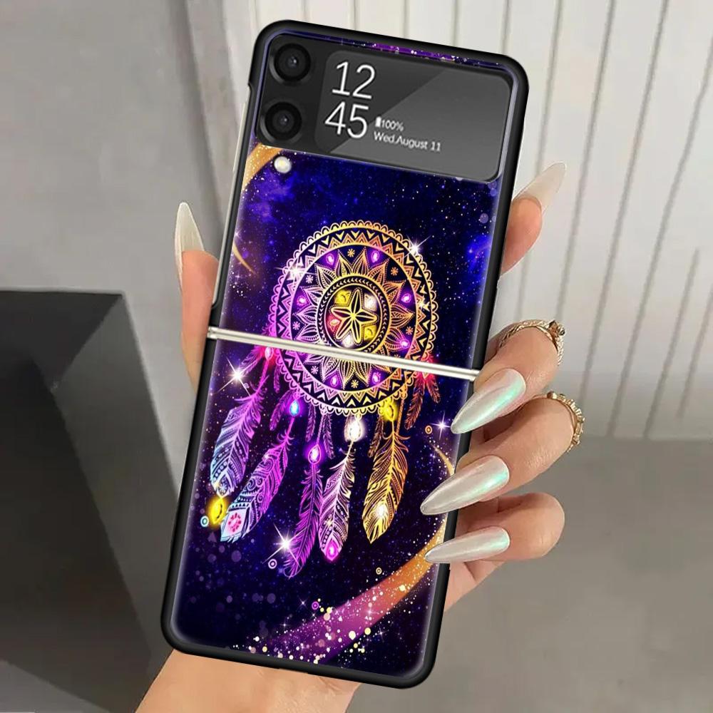Retro Feather Dreamcatcher Hard PC Phone Case For Samsung Galaxy Z Flip 6 5 4 3 Black Cover ZFlip6 Flip5 Flip4 5G Foldable Print